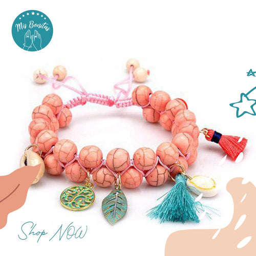 Handmade Woven Natural Turquoise Stone Bracelet (Light Pink)