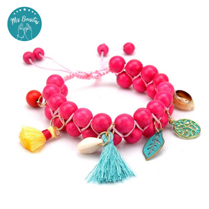 Handmade Woven Natural Turquoise Stone Bracelet (Dark Pink)